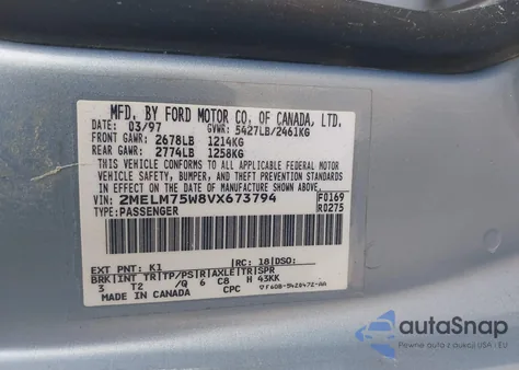 1997 Mercury Grand Marquis Ls из США, поврежденный, VIN 2MELM75W8VX673794